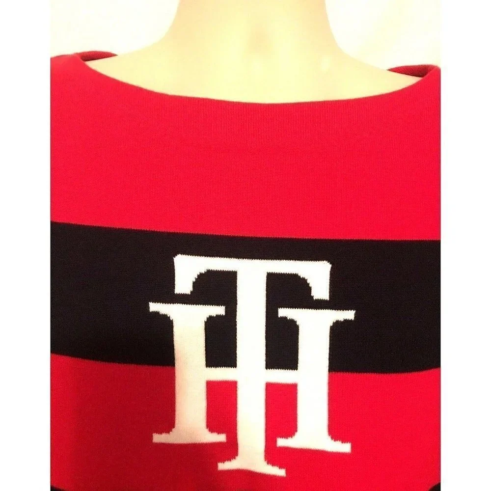 Tommy Hilfiger TH Red Blue Striped Fitted Pullover Sweater Medium Stretch Logo